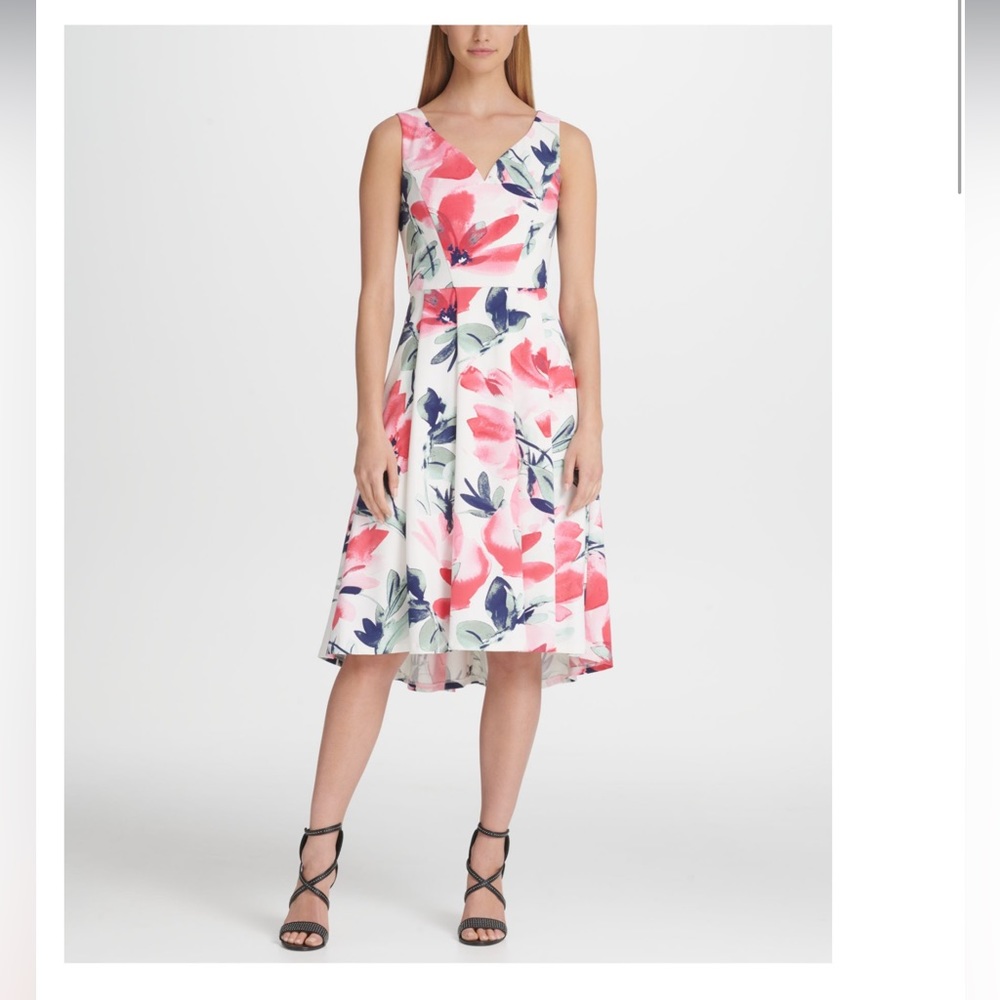 New DKNY Womens Pink Floral Sleeveless V Neck Midi Fit + Flare Dress Size: 4